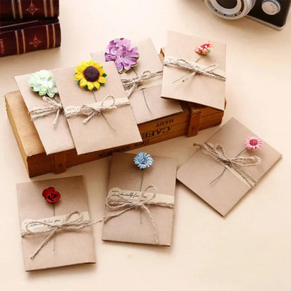 20Pcs mini Vintage Dried Flowers Greeting Card Handmade Blank Note Card Thank You Cards Birthday Wedding Party Invitation Card - Brownstick