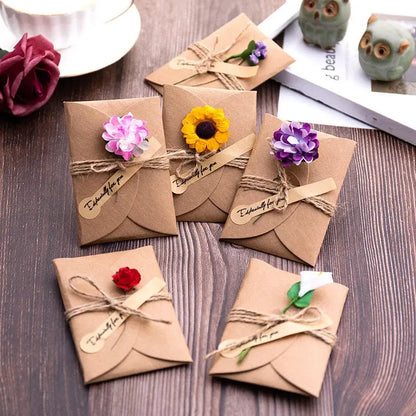 20Pcs mini Vintage Dried Flowers Greeting Card Handmade Blank Note Card Thank You Cards Birthday Wedding Party Invitation Card - Brownstick