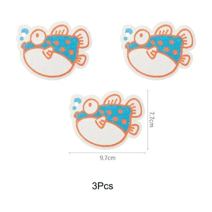 3 Pcs Magic Cleaning Sponge - Cartoon Animal Wood Pulp Scouring Pads for Kitchen