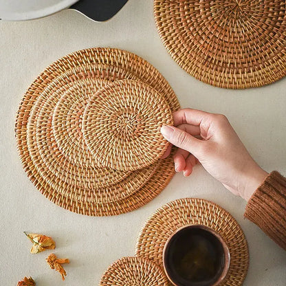 6-PCS Handwoven Rattan Coasters Set Brownstick