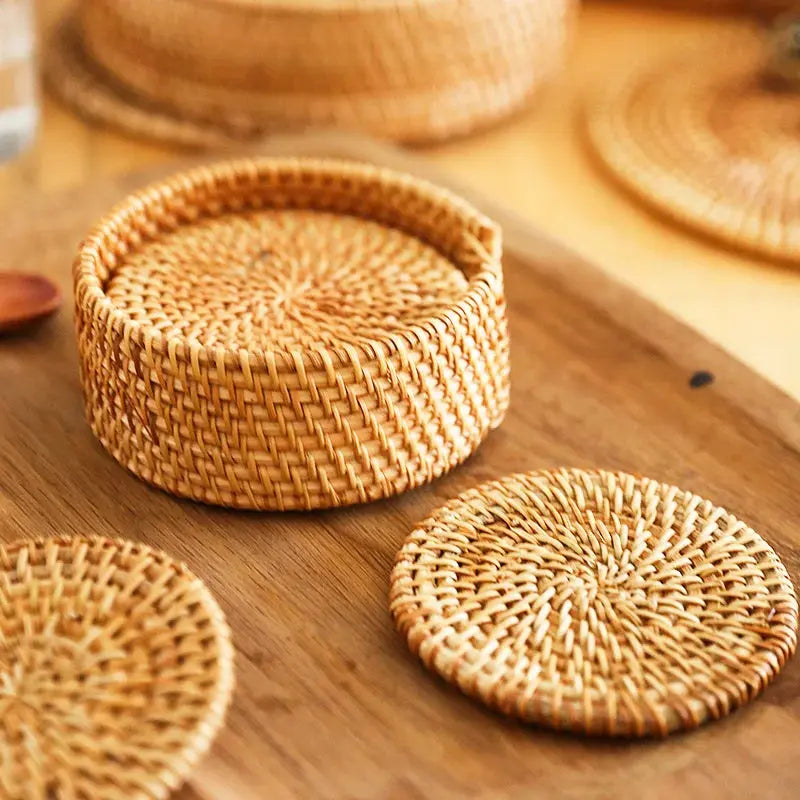 6-PCS Handwoven Rattan Coasters Set Brownstick