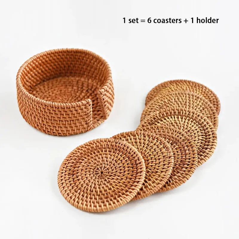 6-PCS Handwoven Rattan Coasters Set Brownstick