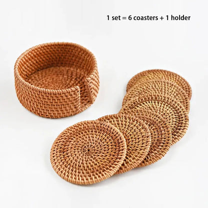 6-PCS Handwoven Rattan Coasters Set Brownstick