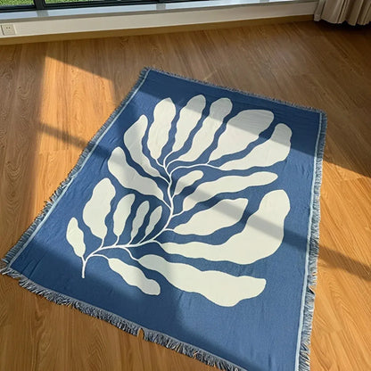 Blue Leaf Jacquard Throw Blanket – Woven Sofa, Bed & Outdoor Blanket