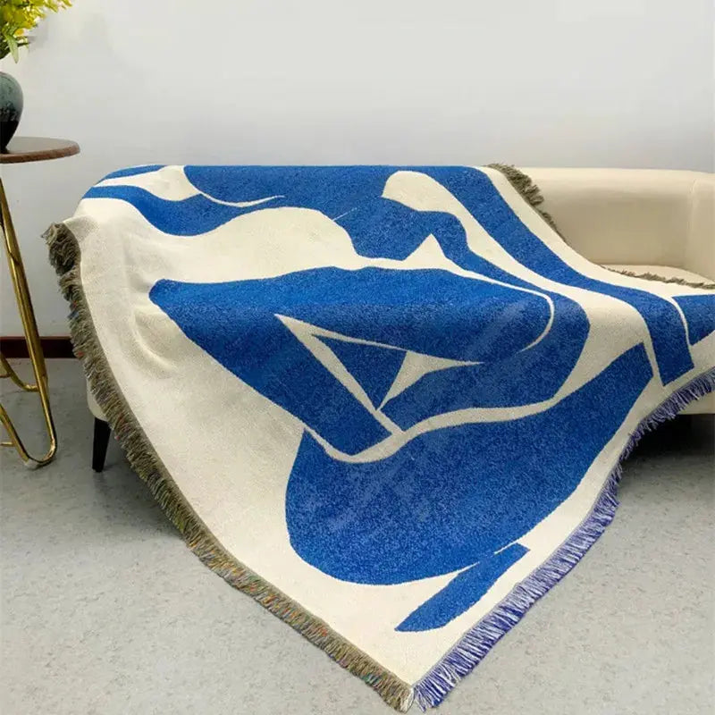 Blue Leaf Jacquard Throw Blanket – Woven Sofa, Bed & Outdoor Blanket Brownstick