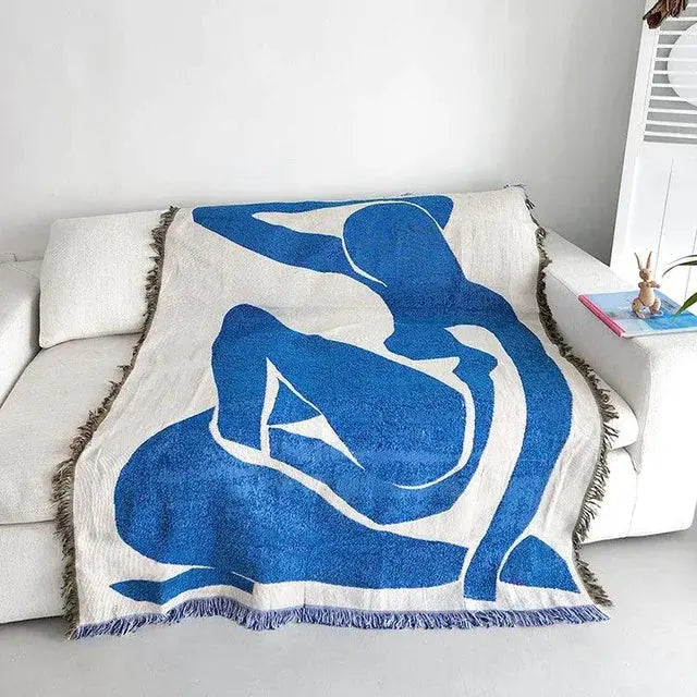 Blue Leaf Jacquard Throw Blanket – Woven Sofa, Bed & Outdoor Blanket