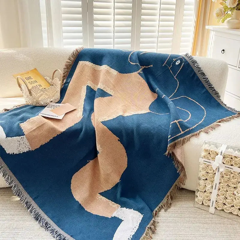 Blue Leaf Jacquard Throw Blanket – Woven Sofa, Bed & Outdoor Blanket