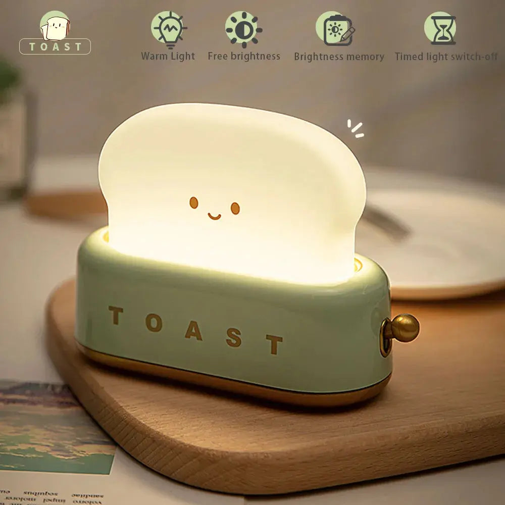 Bread Toast Cartoon LED Night Light - Cute Home Decor Table Lamp with Timer, Portable Tiny Lamp Brownstick