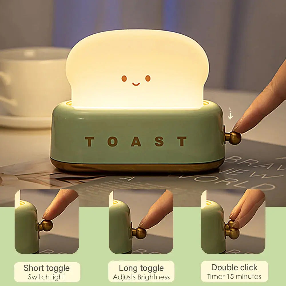 Bread Toast Cartoon LED Night Light - Cute Home Decor Table Lamp with Timer, Portable Tiny Lamp Brownstick