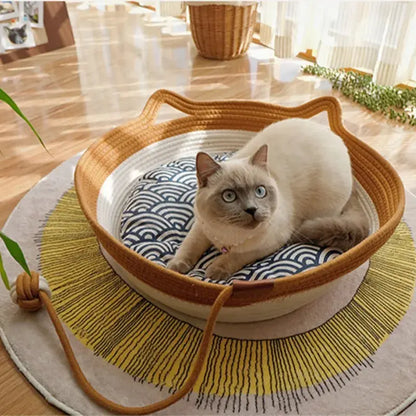 Eco-Friendly Woven Rattan Cat Bed - Removable & Washable Cushion Brownstick