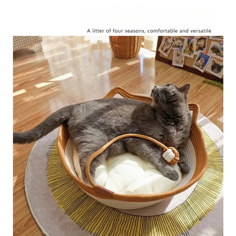 Eco-Friendly Woven Rattan Cat Bed - Removable & Washable Cushion Brownstick