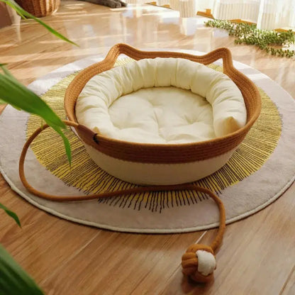 Eco-Friendly Woven Rattan Cat Bed - Removable & Washable Cushion Brownstick