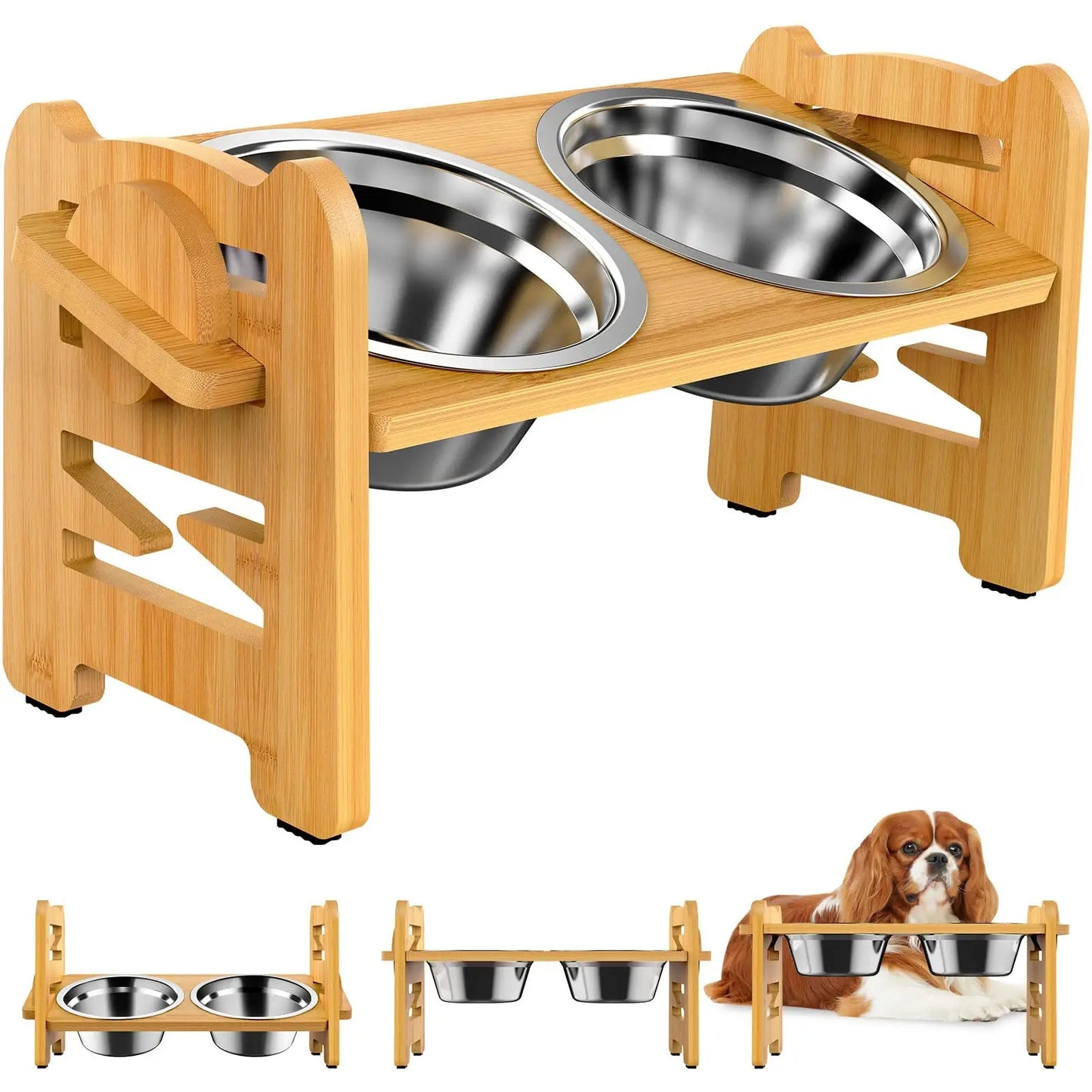 Elevated Stainless Steel Dog Bowls with Adjustable Bamboo Stand – Tilted Raised Pet Feeder for Cats & Puppies Brownstick