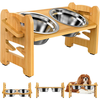 Elevated Stainless Steel Dog Bowls with Adjustable Bamboo Stand – Tilted Raised Pet Feeder for Cats & Puppies Brownstick