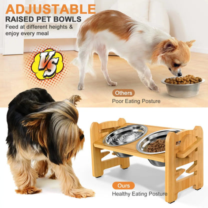 Elevated Stainless Steel Dog Bowls with Adjustable Bamboo Stand – Tilted Raised Pet Feeder for Cats & Puppies Brownstick