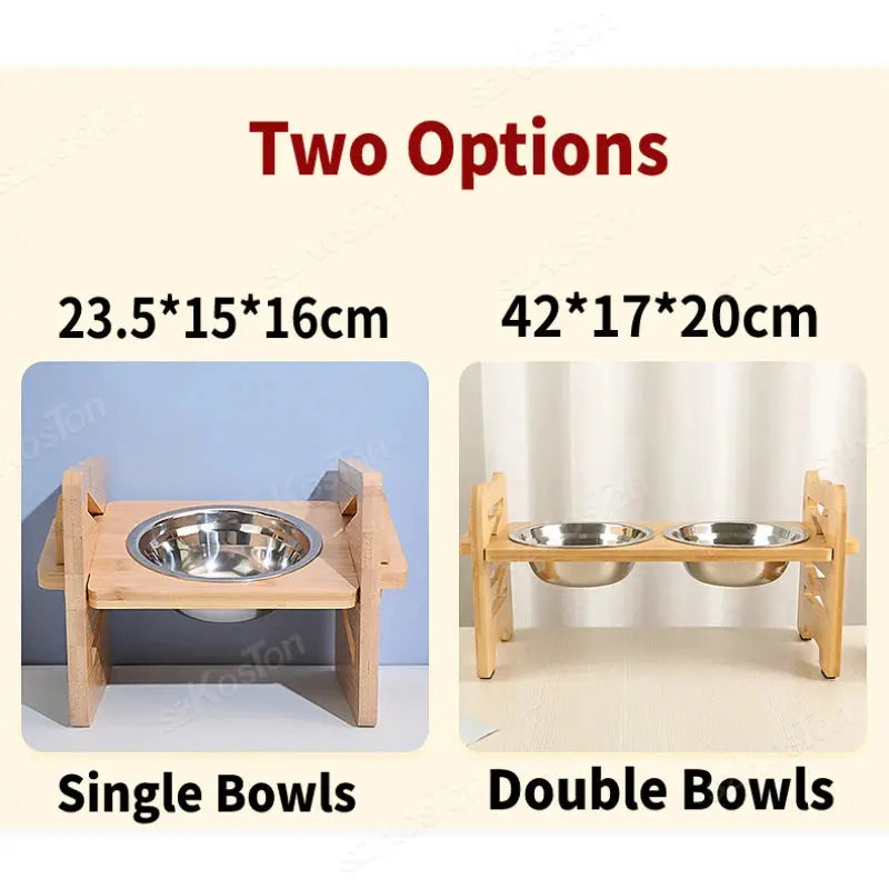 Elevated Stainless Steel Dog Bowls with Adjustable Bamboo Stand – Tilted Raised Pet Feeder for Cats & Puppies Brownstick