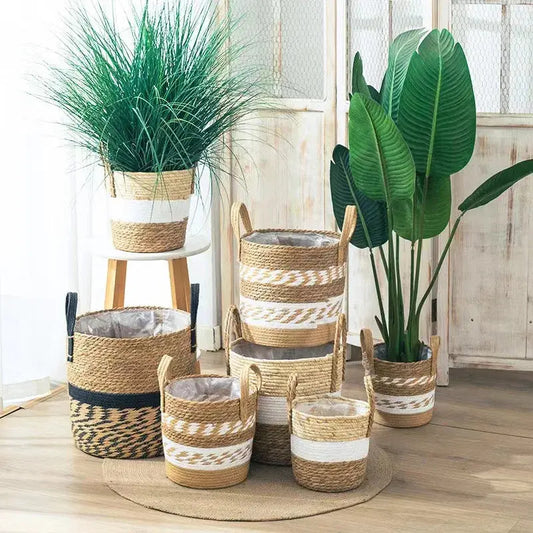 Fancy Wicker Planter Basket - Natural Bamboo & Seagrass Pot for Home & Garden Decor Brownstick