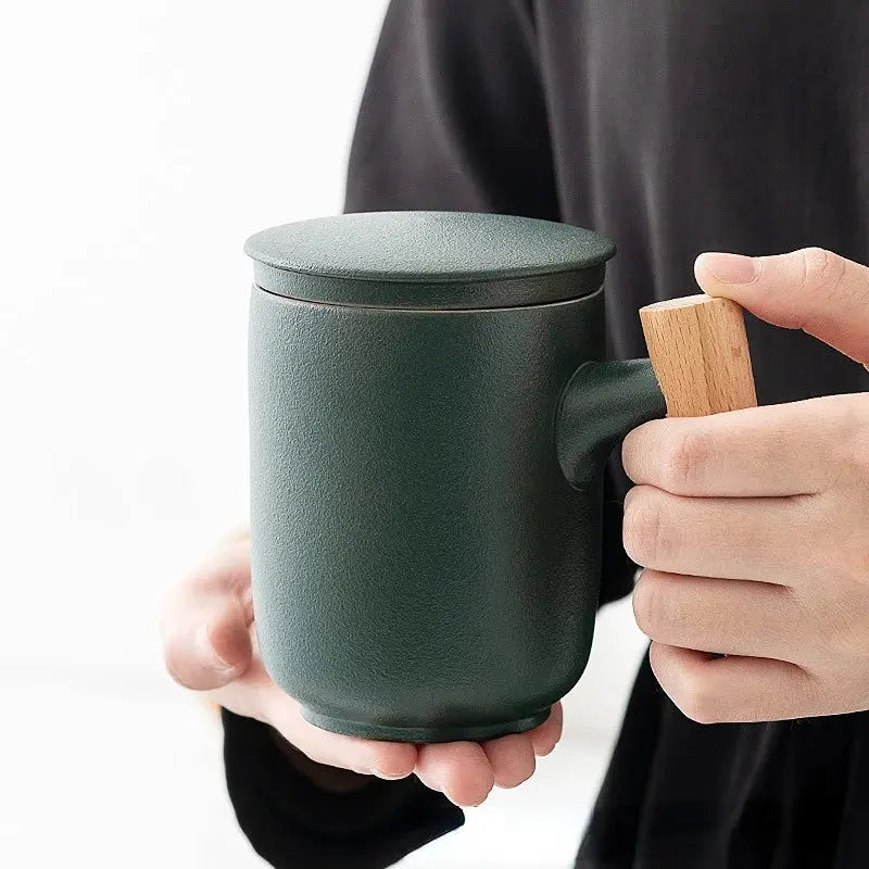 Frosted Ceramic Tea Mug with Wooden Handle & Lid Brownstick