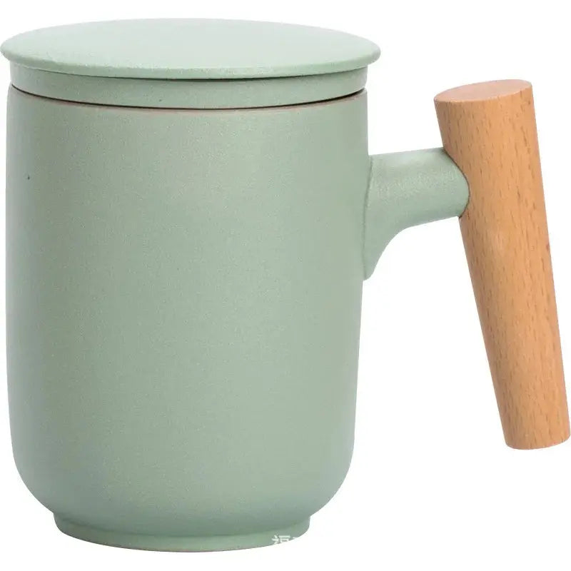 Frosted Ceramic Tea Mug with Wooden Handle & Lid Brownstick