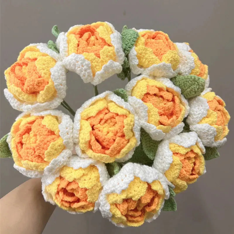 Hand-Knitted Cotton Wool Peony Bouquet – Immortal Flowers for Home Decoration - Brownstick