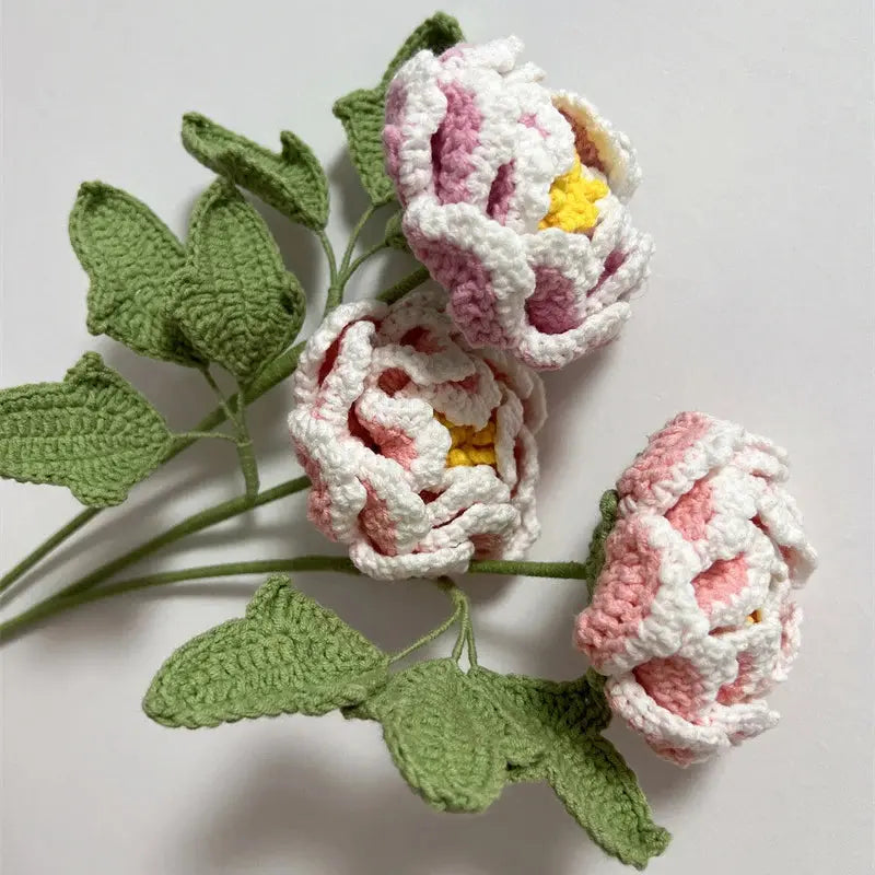 Hand-Knitted Cotton Wool Peony Bouquet – Immortal Flowers for Home Decoration - Brownstick