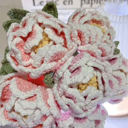 Hand-Knitted Cotton Wool Peony Bouquet – Immortal Flowers for Home Decoration - Brownstick