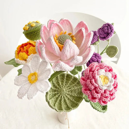 Hand-Knitted Cotton Wool Peony Bouquet – Immortal Flowers for Home Decoration - Brownstick