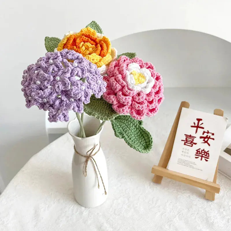 Hand-Knitted Cotton Wool Peony Bouquet – Immortal Flowers for Home Decoration - Brownstick