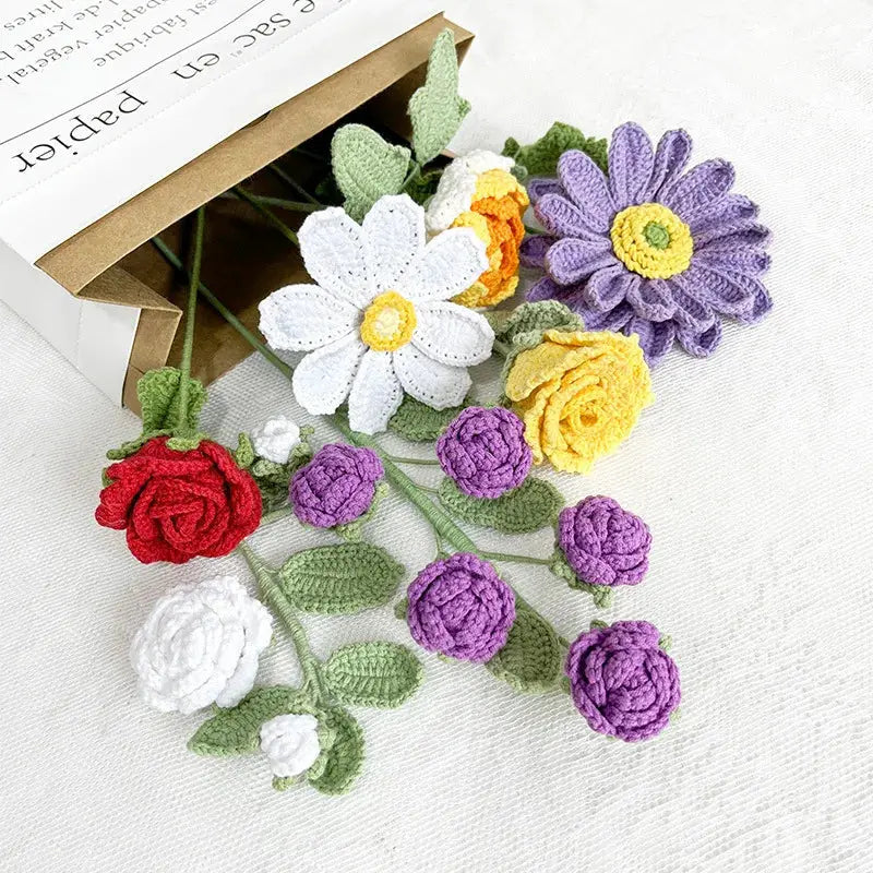 Hand-Knitted Cotton Wool Peony Bouquet – Immortal Flowers for Home Decoration - Brownstick