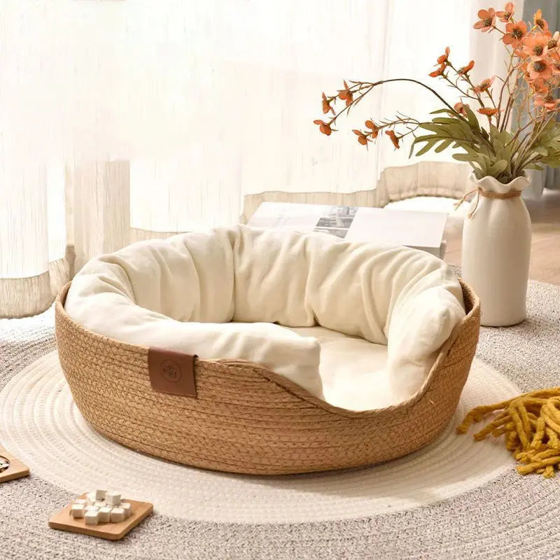 Handmade Bamboo Cat & Dog Bed - Waterproof Cozy Nest with Removable Cushion Brownstick