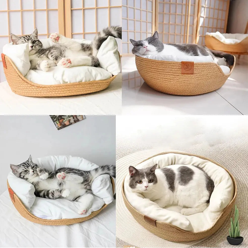 Handmade Bamboo Cat & Dog Bed - Waterproof Cozy Nest with Removable Cushion Brownstick