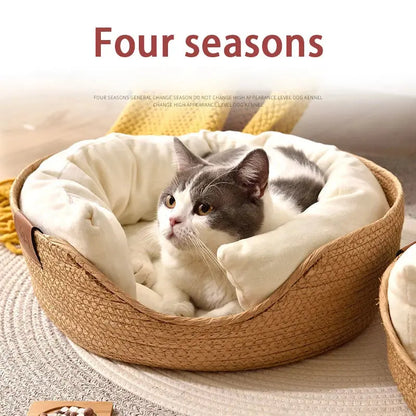 Handmade Bamboo Cat & Dog Bed - Waterproof Cozy Nest with Removable Cushion Brownstick