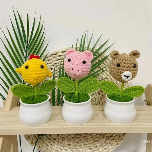 Handmade Crochet Cartoon Animal Flower Pot – Creative Gift & Desk Ornament Brownstick