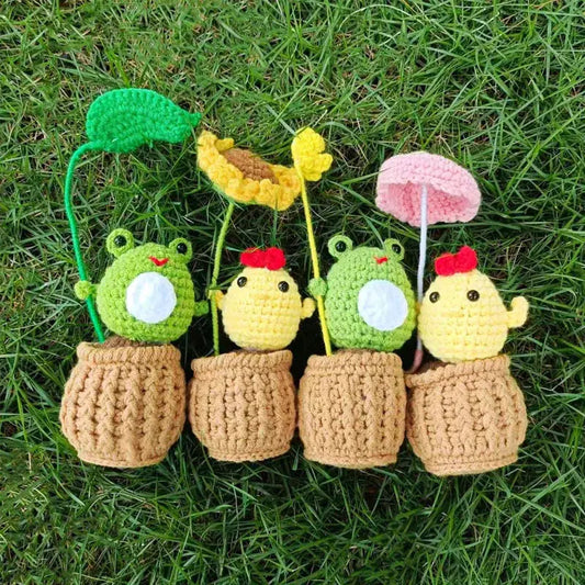 Handmade Crochet Frog & Chick Potted Ornament - Brownstick