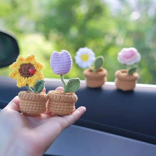 Handmade DIY mini potted crochet sunflower decoration for car interiors - Brownstick