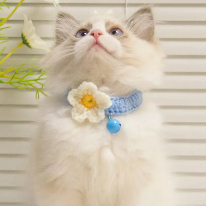 Handmade Knitted Collar Necklace with Flower and Bell for Cats and Dogs Brownstick