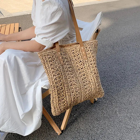 Hollow Out Straw Shoulder Bag – Handmade Large Tote for Summer Beach & Travel Brownstick