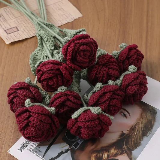 Knitted Woolen Crochet Rose Bouquet – Handmade Flowers for Home & Weddings - Brownstick