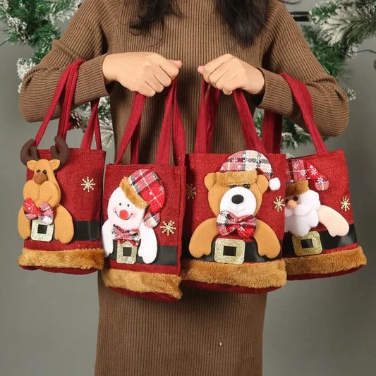 Linen Christmas Gift Bag – Santa Claus Candy Handbag for Kids Brownstick