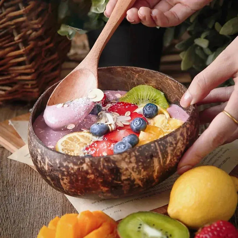 Natural Coconut Bowl Dinner Set - Handmade Wooden Tableware & Spoon Brownstick