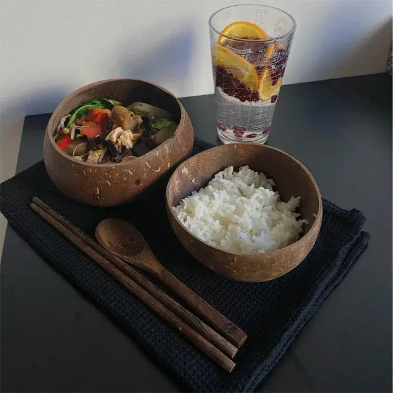 Natural Coconut Bowl Dinner Set - Handmade Wooden Tableware & Spoon Brownstick