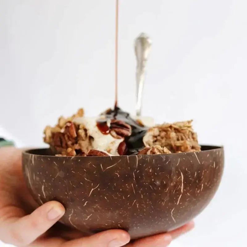 Natural Coconut Bowl Dinner Set - Handmade Wooden Tableware & Spoon Brownstick