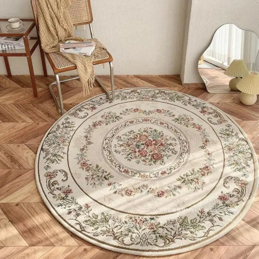 Nordic Round Embroidered Rug – European-Style Carpet for Living Room & Study Brownstick