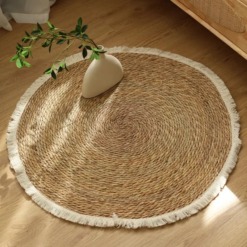 Round Handmade Jute Rattan Grass Rugs with Tassels Brownstick