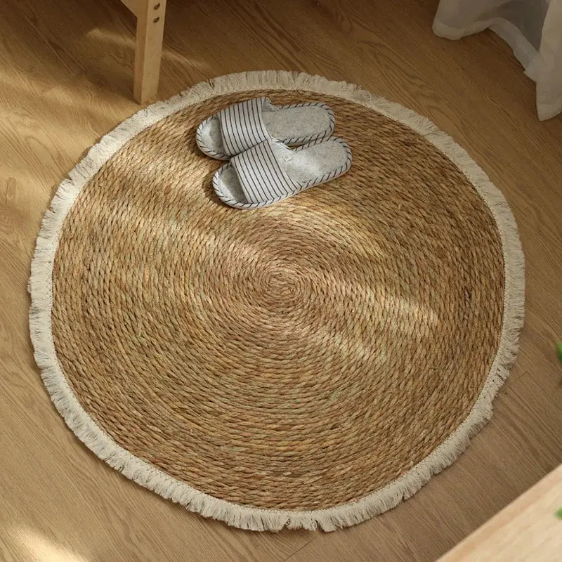 Round Handmade Jute Rattan Grass Rugs with Tassels Brownstick