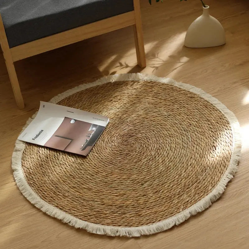 Round Handmade Jute Rattan Grass Rugs with Tassels Brownstick