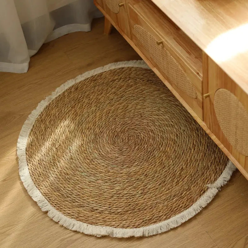 Round Handmade Jute Rattan Grass Rugs with Tassels Brownstick