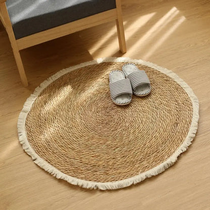 Round Handmade Jute Rattan Grass Rugs with Tassels Brownstick