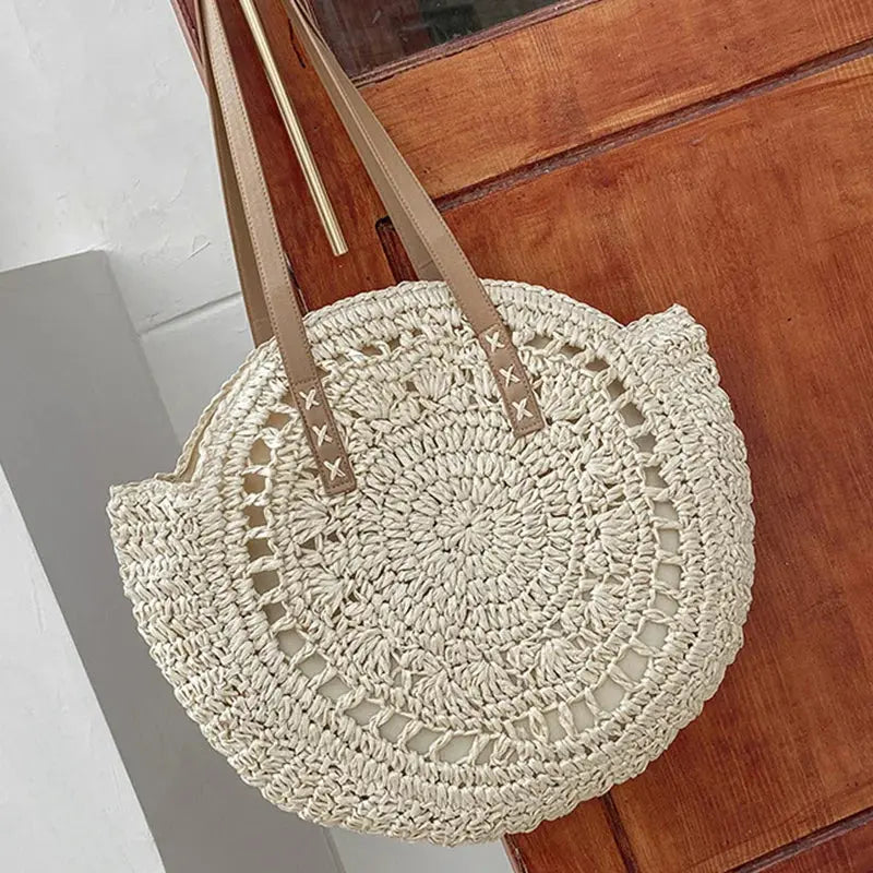 Round Straw Beach Bag – Hollow Woven Shoulder Tote for Women’s Summer Travel Brownstick