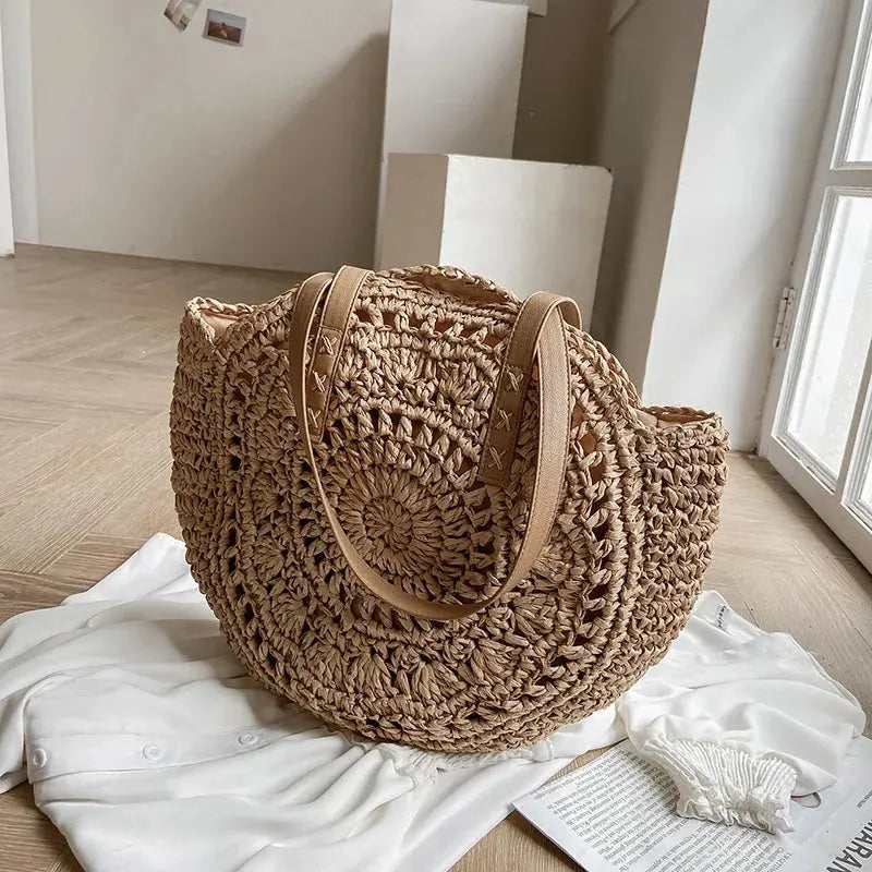 Round Straw Beach Bag – Hollow Woven Shoulder Tote for Women’s Summer Travel